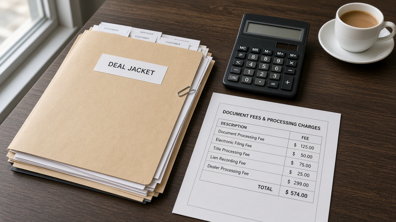 Deal jackets and fee paperwork on a desk for FTC price transparency document fee checks