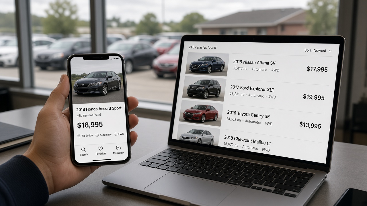 Smartphone and laptop comparing marketplace car listing prices for FTC price transparency consistency