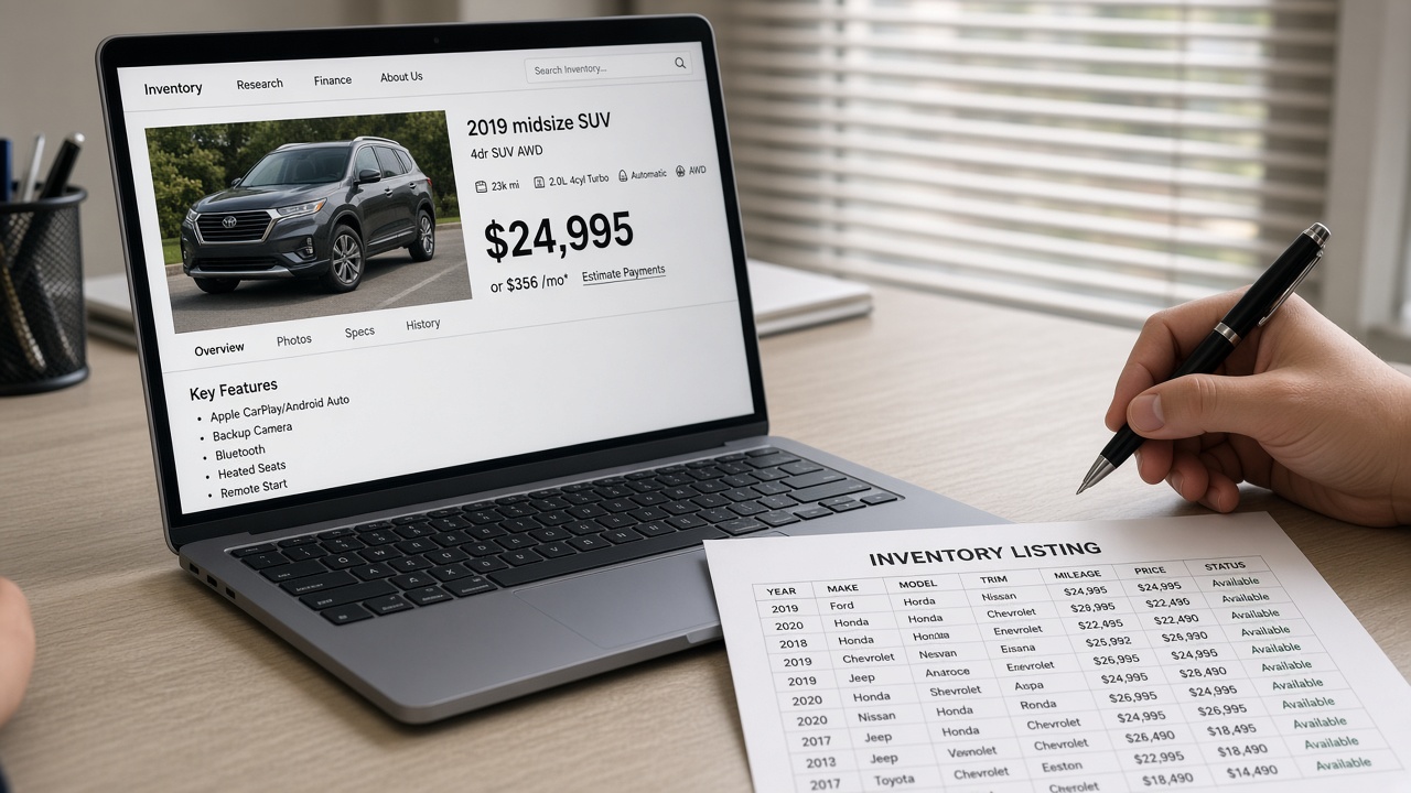 Dealer desk laptop open to a vehicle detail page reviewing FTC price transparency listing prices