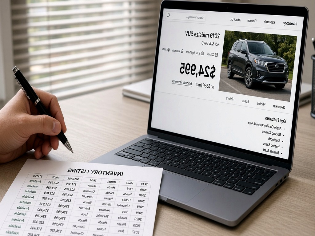 Dealer desk laptop open to Vehicle ads feed diagnostics beside inventory sheet