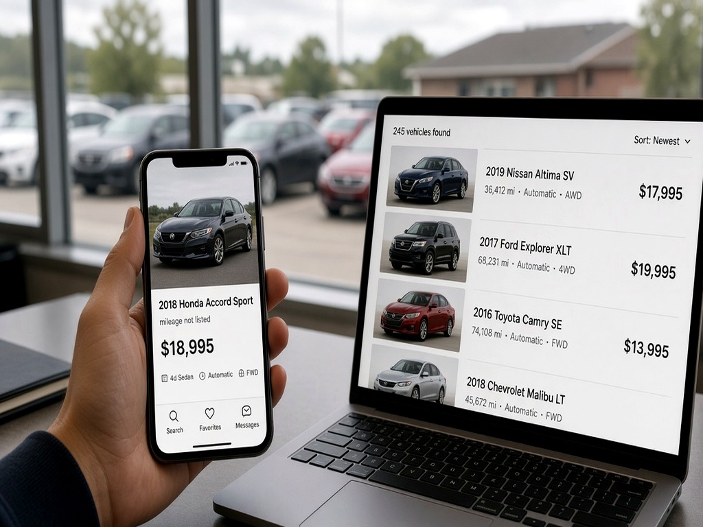 Used car VDP on phone showing price mileage and VIN for Google Vehicle Ads matching