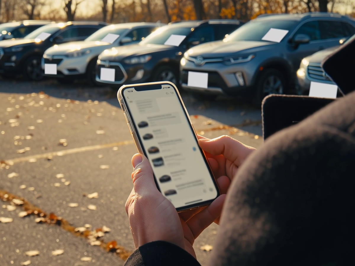 Car shopper on a used-car lot holding a phone with an AI chat answer listing vehicles, a row of SUVs with window stickers behind