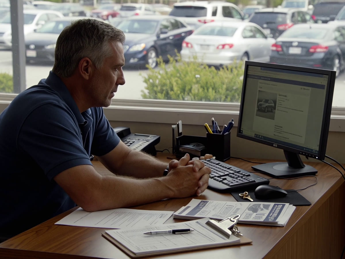 Independent dealer at an office desk reviewing a vehicle detail page on a monitor to check that price, mileage and VIN are readable