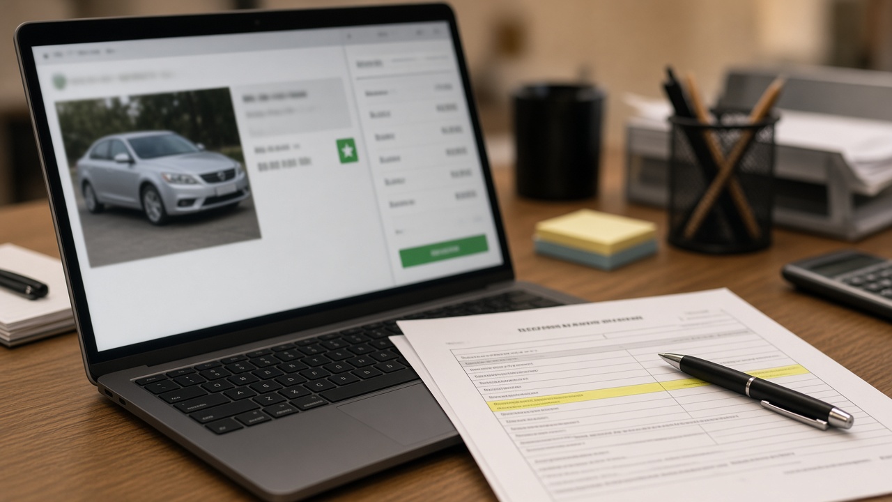 Dealer laptop showing a marketplace listing with a fee breakdown next to a highlighted buyer's order, used to check CarGurus deal rating fee setup