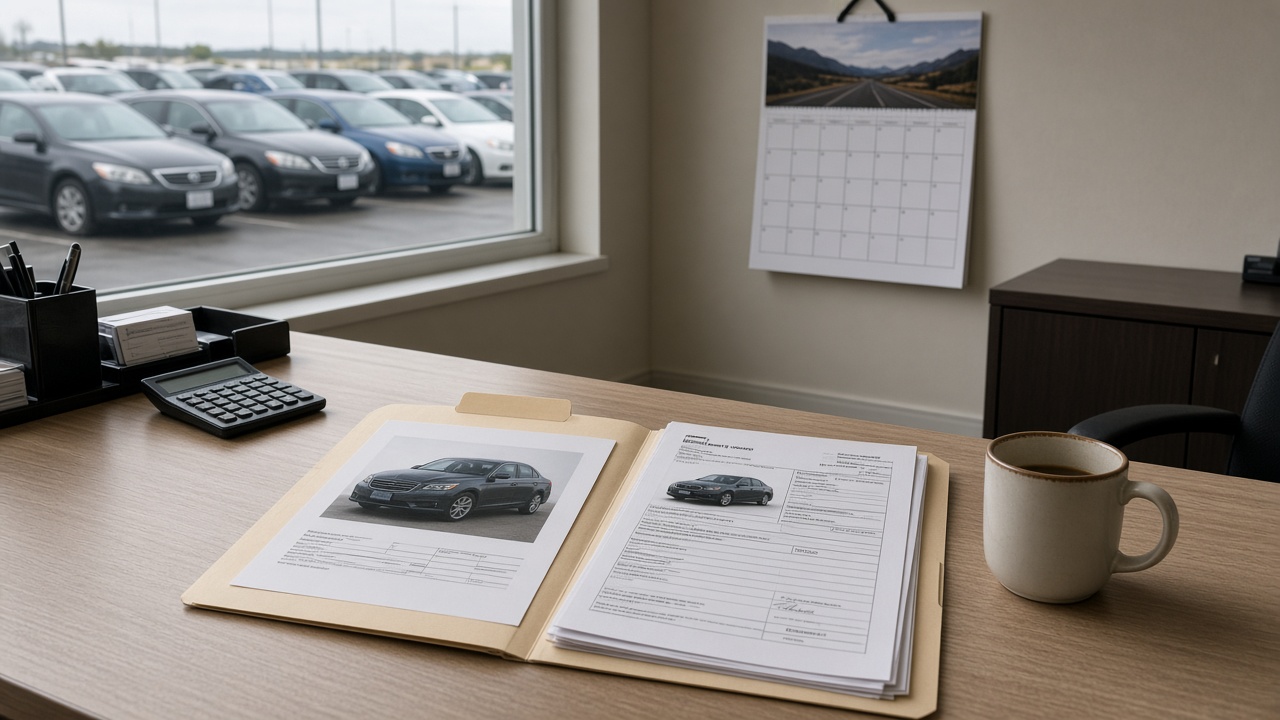Folder of dated listing screenshots and buyer's orders on a used-car dealer's desk, kept as a record for CarGurus pricing compliance