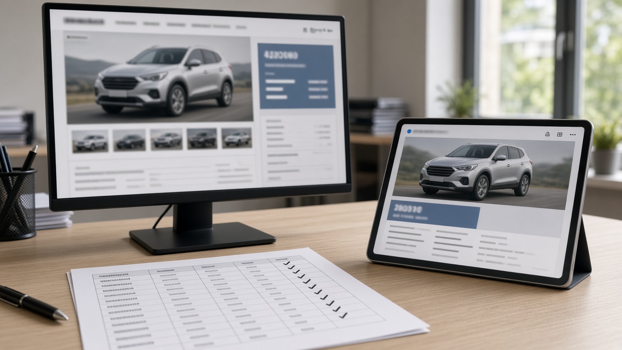 Dealership website VDP and marketplace listing for the same crossover shown side by side with matching prices and a VIN checklist