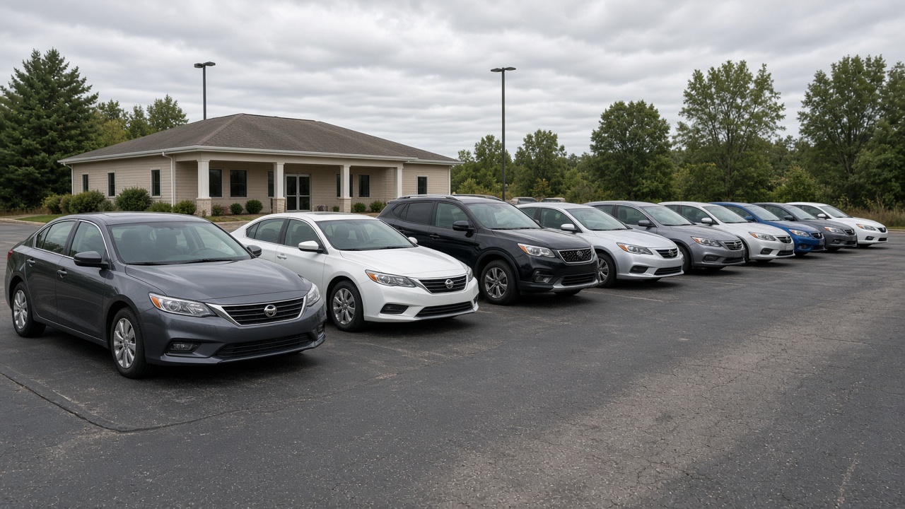 Rows of used cars on an independent lot representing aging inventory CarGurus VINMax dealers may boost