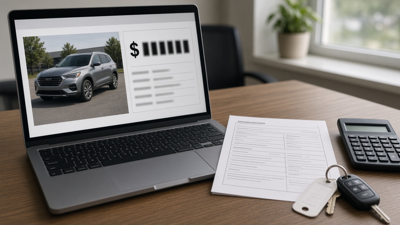 Dealer laptop open to a vehicle page while a manager checks it against the FTC Greenway order requirements